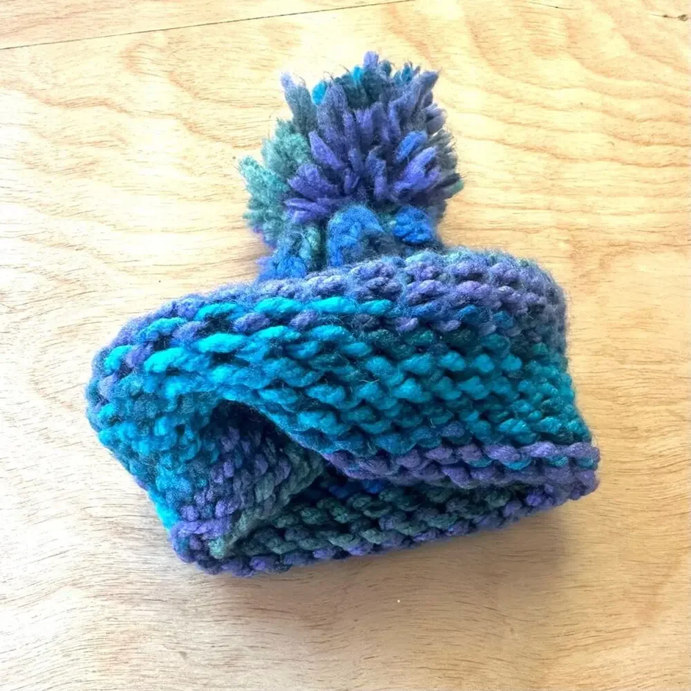 Hand Knit Infant Pom Pom Beanie | Blue Teal Purple | 0–12 Months